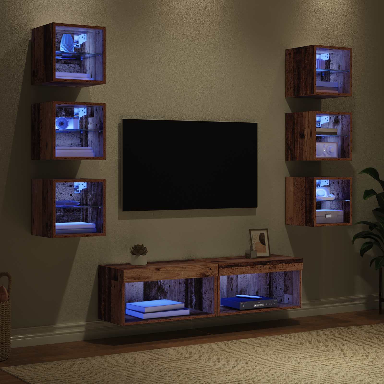 TV-kast met LED-striplichten met lade 8 pcs Oud Hout Glas is nu te koop bij PeponiXL, paradijselijk wonen!