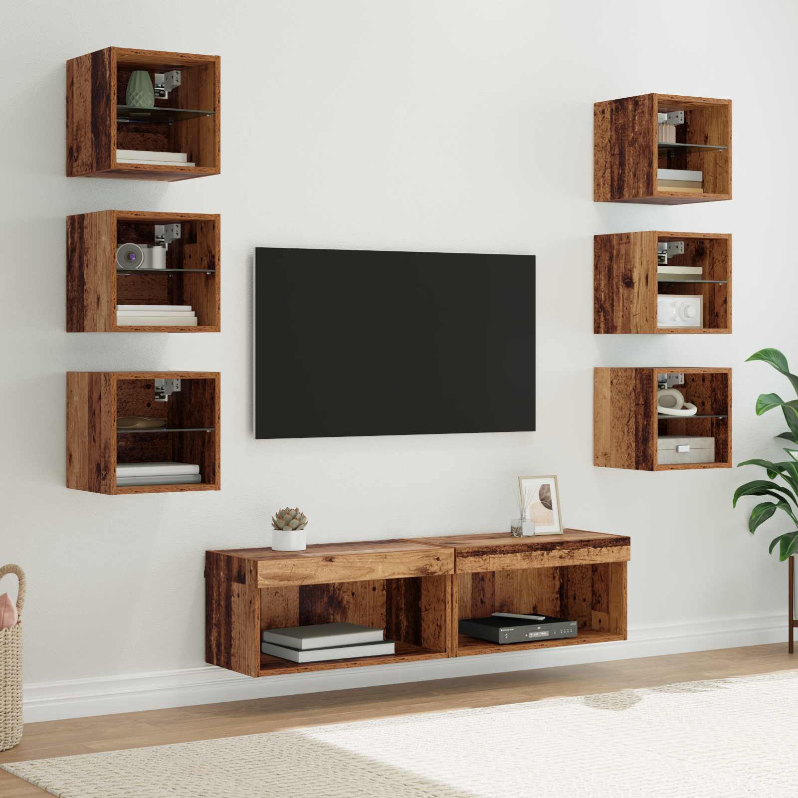 TV-kast met LED-striplichten met lade 8 pcs Oud Hout Glas is nu te koop bij PeponiXL, paradijselijk wonen!