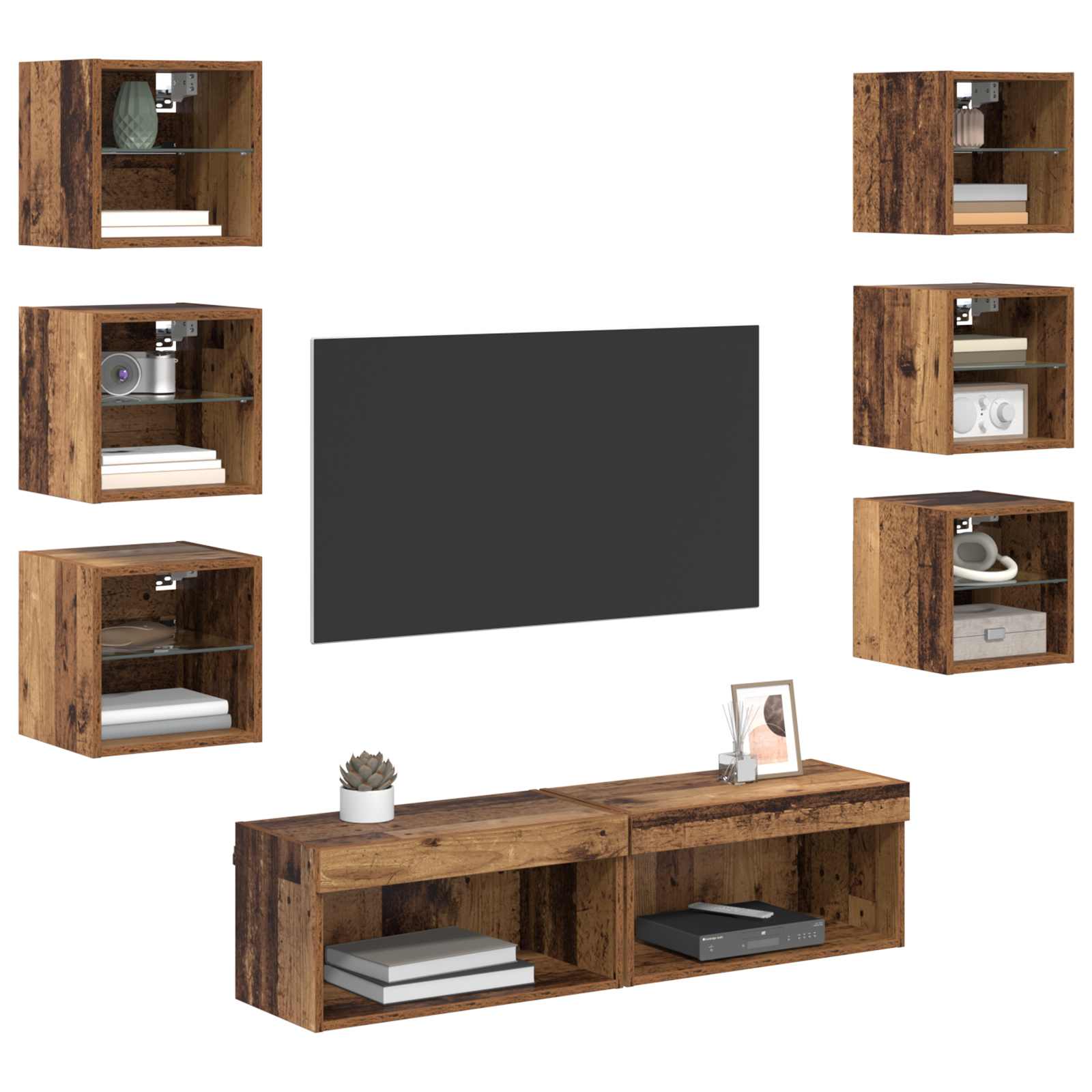 TV-kast met LED-striplichten met lade 8 pcs Oud Hout Glas is nu te koop bij PeponiXL, paradijselijk wonen!