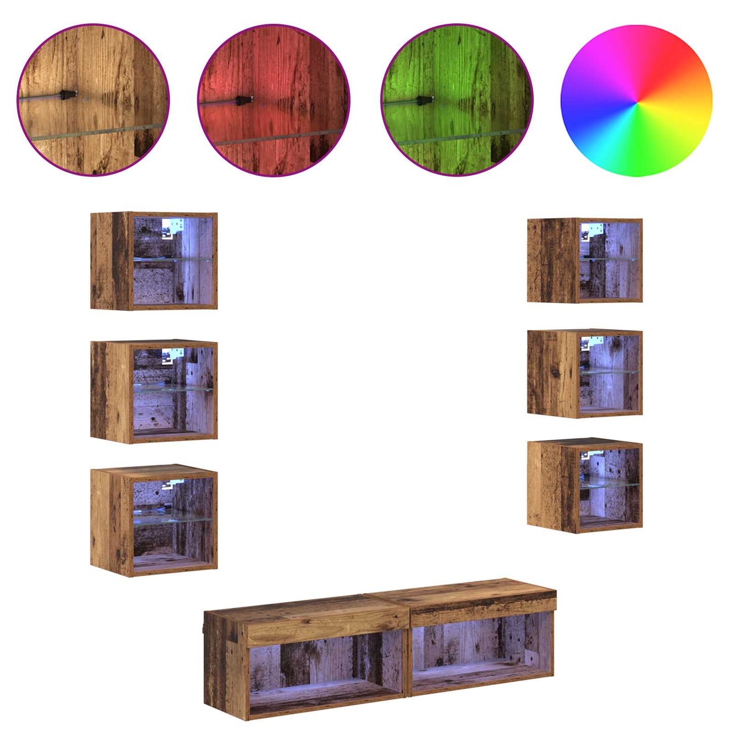 TV-kast met LED-striplichten met lade 8 pcs Oud Hout Glas is nu te koop bij PeponiXL, paradijselijk wonen!
