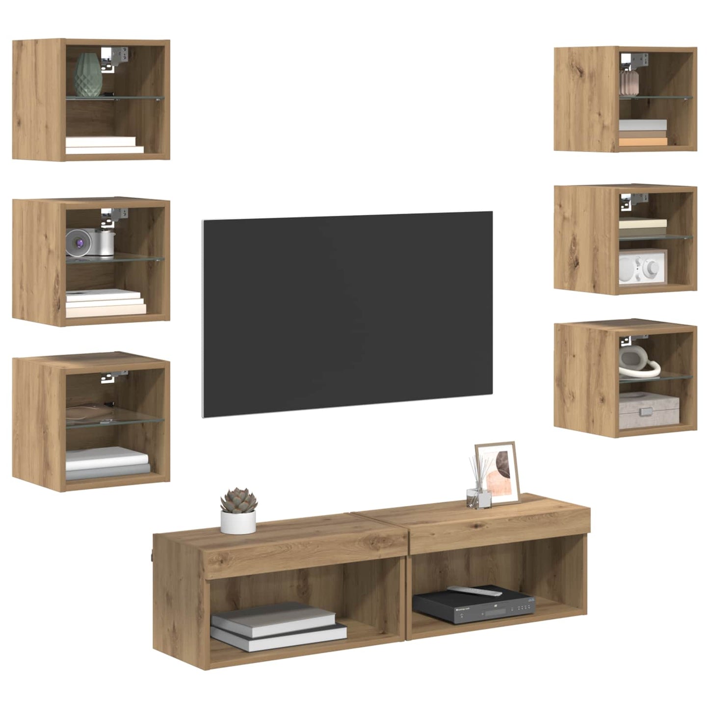 TV-kast met LED-striplichten met lade 8 pcs Artisan Eiken Glas is nu te koop bij PeponiXL, paradijselijk wonen!
