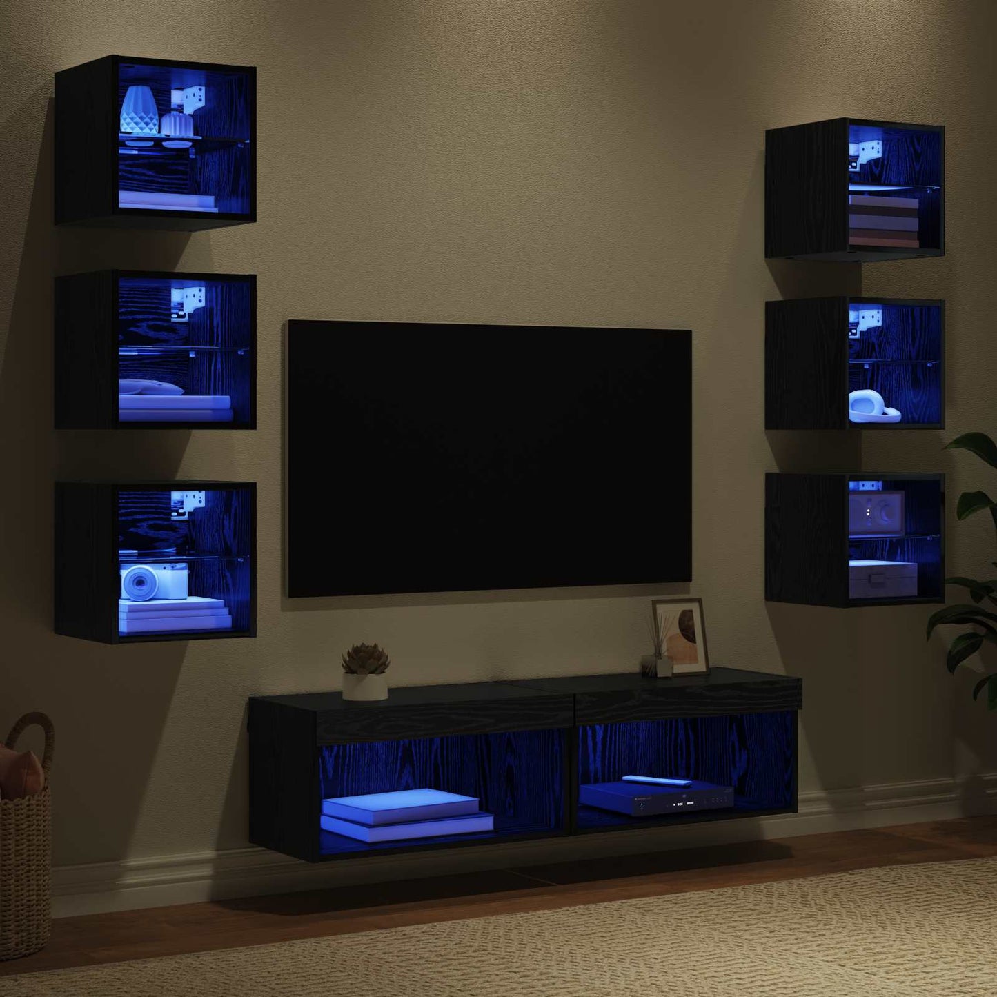 TV-kast met LED-striplichten met lade 8 pcs Zwart Eiken Glas is nu te koop bij PeponiXL, paradijselijk wonen!