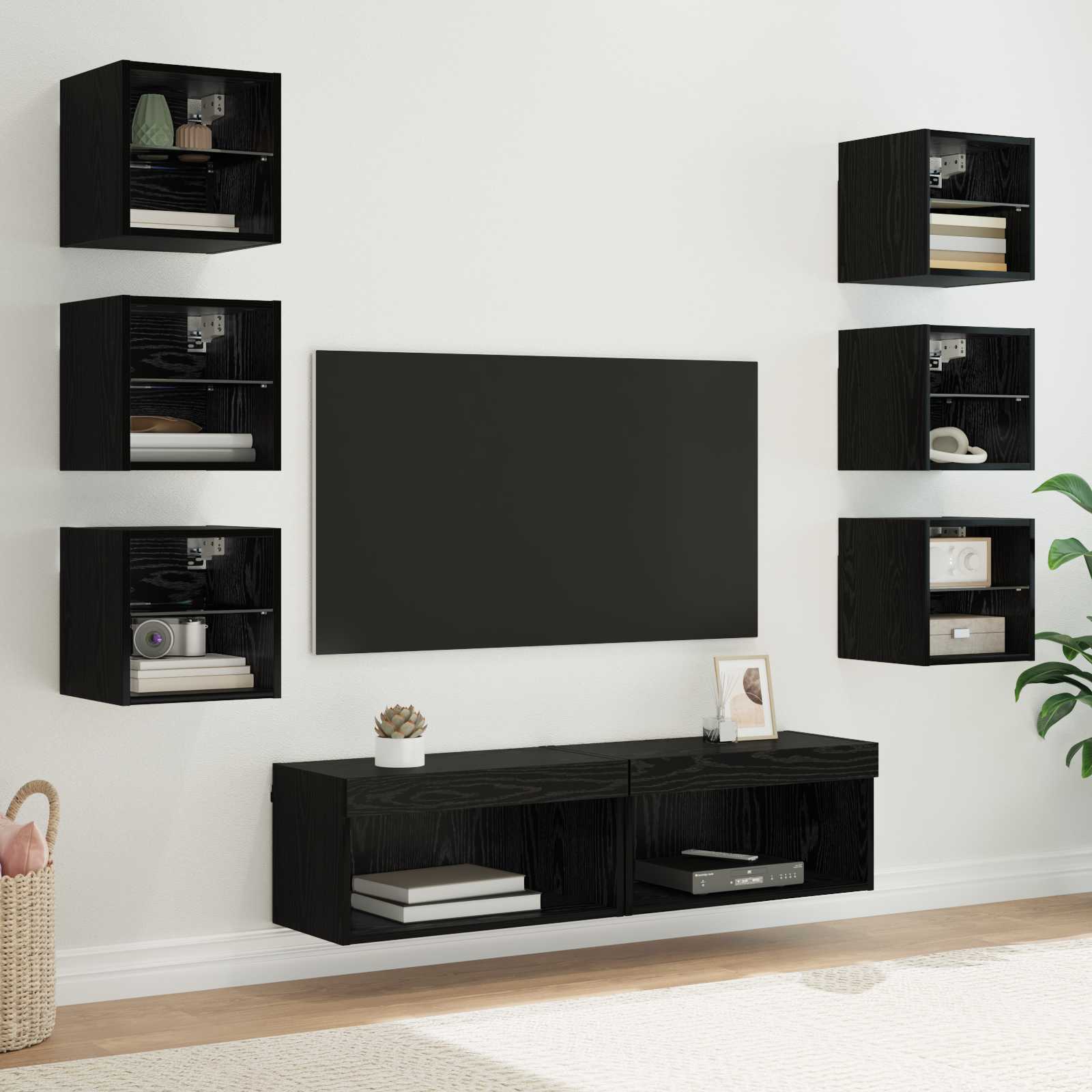 TV-kast met LED-striplichten met lade 8 pcs Zwart Eiken Glas is nu te koop bij PeponiXL, paradijselijk wonen!
