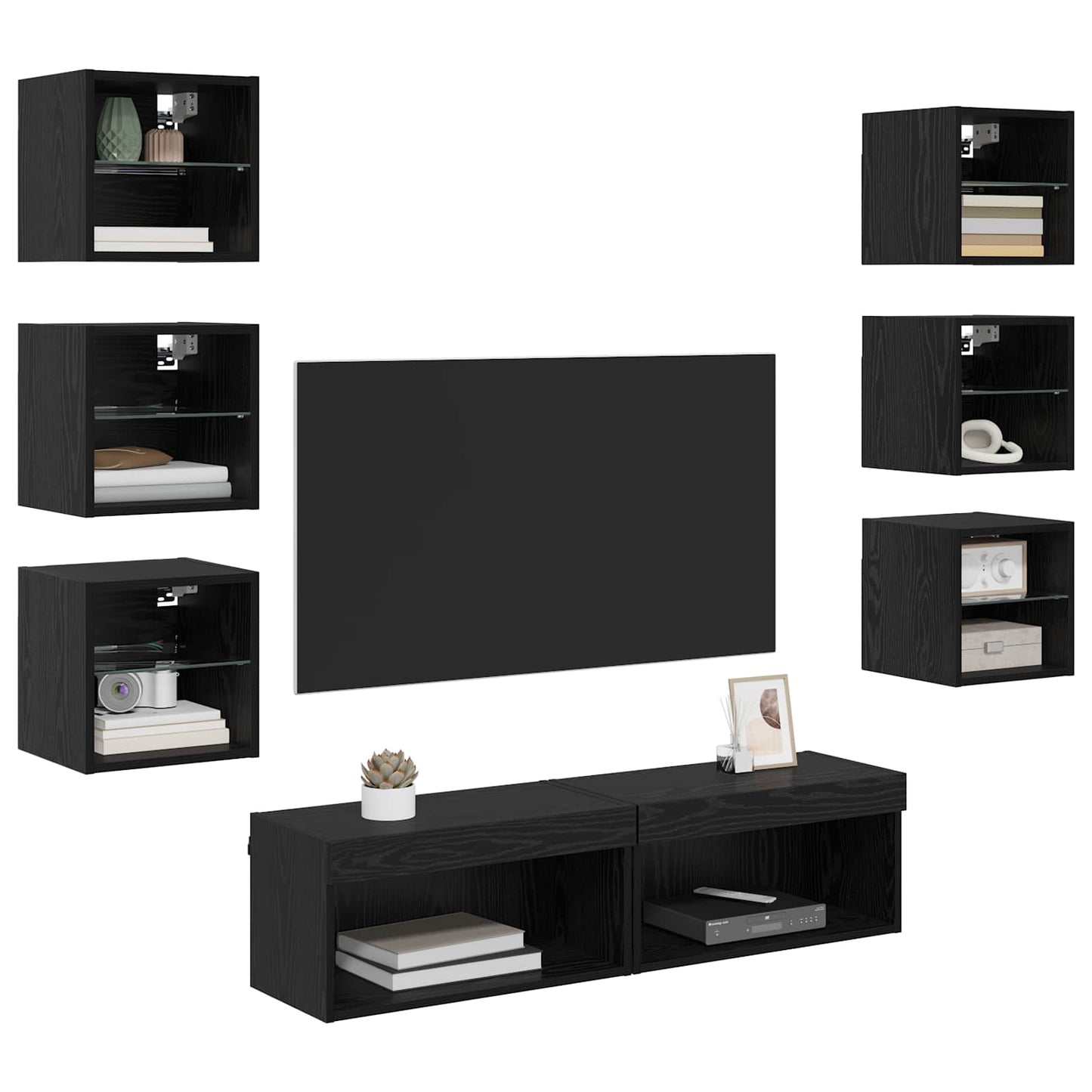 TV-kast met LED-striplichten met lade 8 pcs Zwart Eiken Glas is nu te koop bij PeponiXL, paradijselijk wonen!
