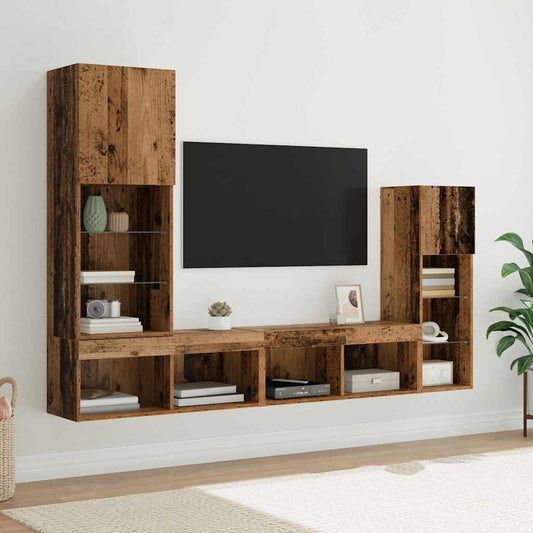 TV Wandmeubels met LED-striplichten 4 pcs Oudhout Bewerkt hout is nu te koop bij PeponiXL, paradijselijk wonen!