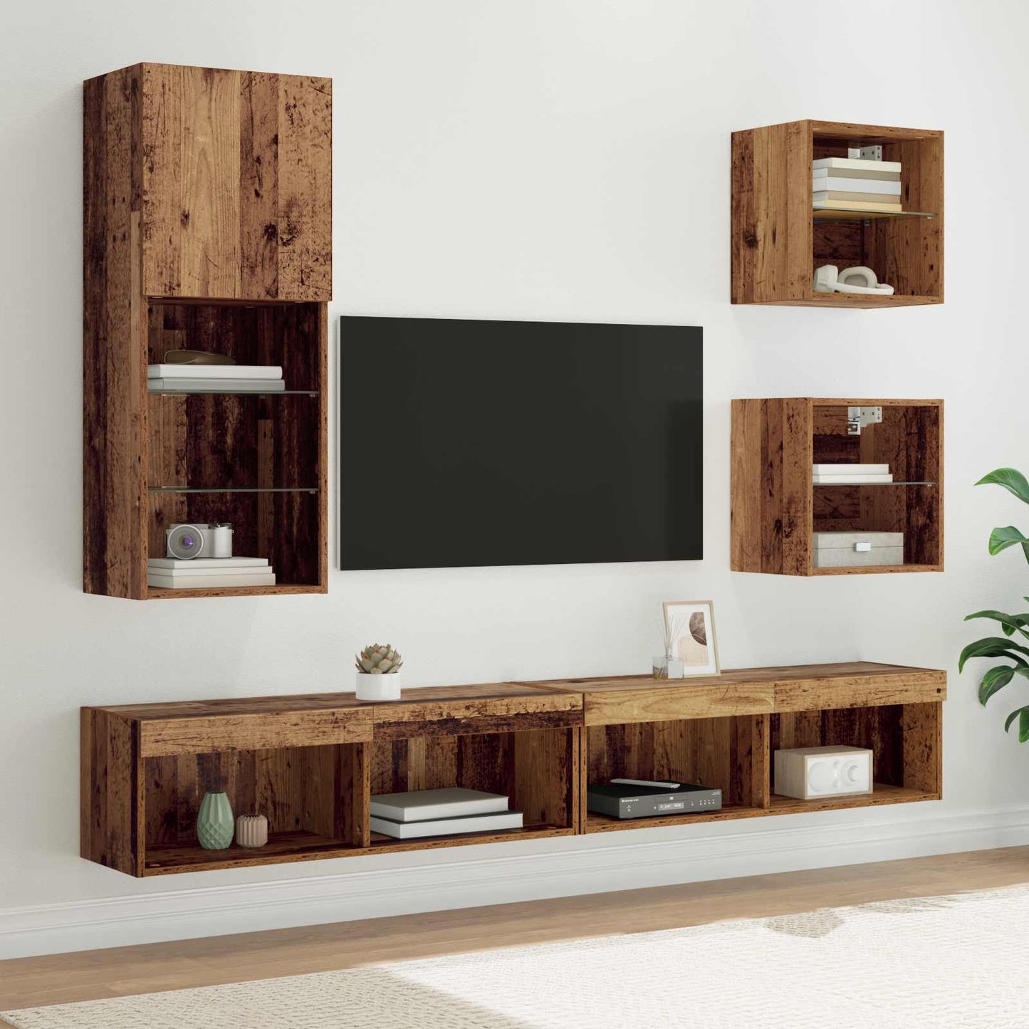TV Wand Eenheden met LED 5 pcs Oud Hout Bewerkt hout is nu te koop bij PeponiXL, paradijselijk wonen!