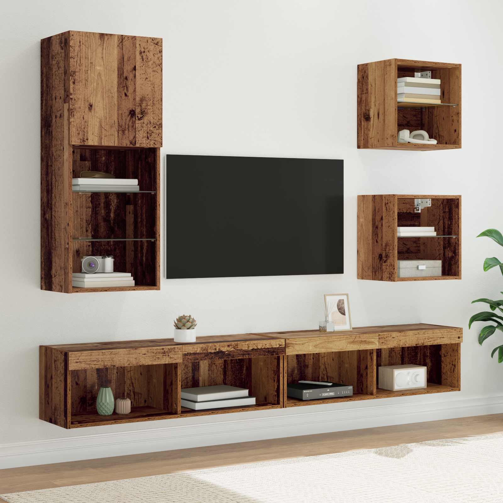 TV Wand Eenheden met LED 5 pcs Oud Hout Bewerkt hout is nu te koop bij PeponiXL, paradijselijk wonen!