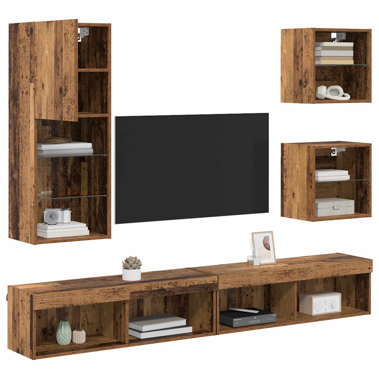 TV Wand Eenheden met LED 5 pcs Oud Hout Bewerkt hout is nu te koop bij PeponiXL, paradijselijk wonen!