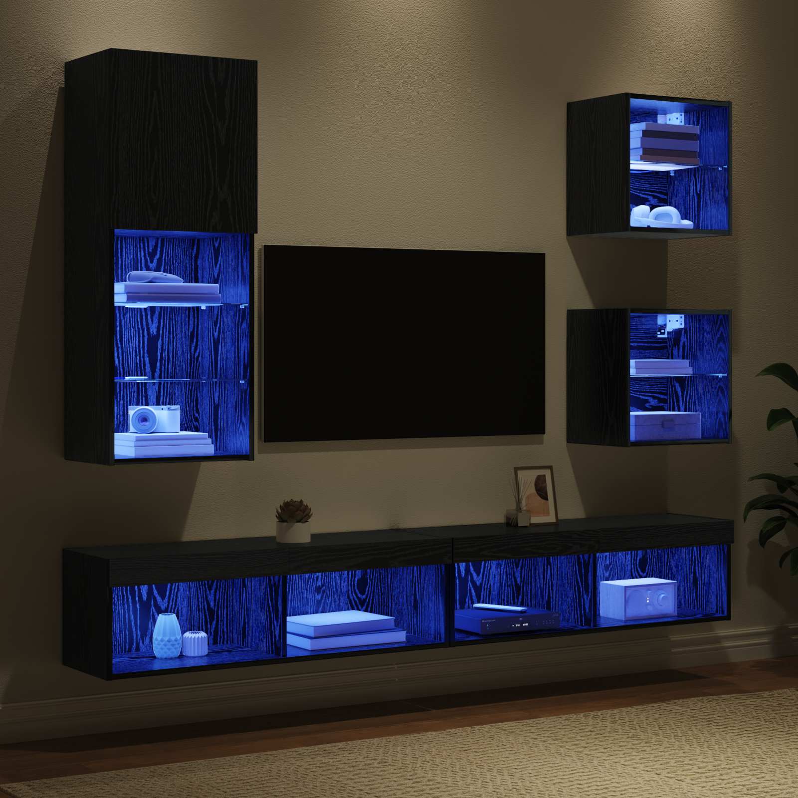 TV Wand Eenheden met LED 5 pcs Zwart Eiken Bewerkt hout is nu te koop bij PeponiXL, paradijselijk wonen!