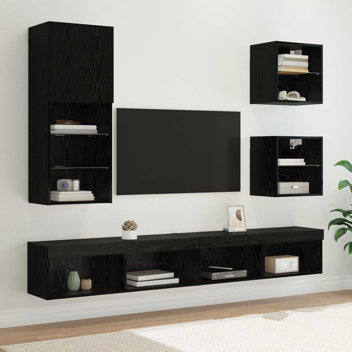 TV Wand Eenheden met LED 5 pcs Zwart Eiken Bewerkt hout is nu te koop bij PeponiXL, paradijselijk wonen!