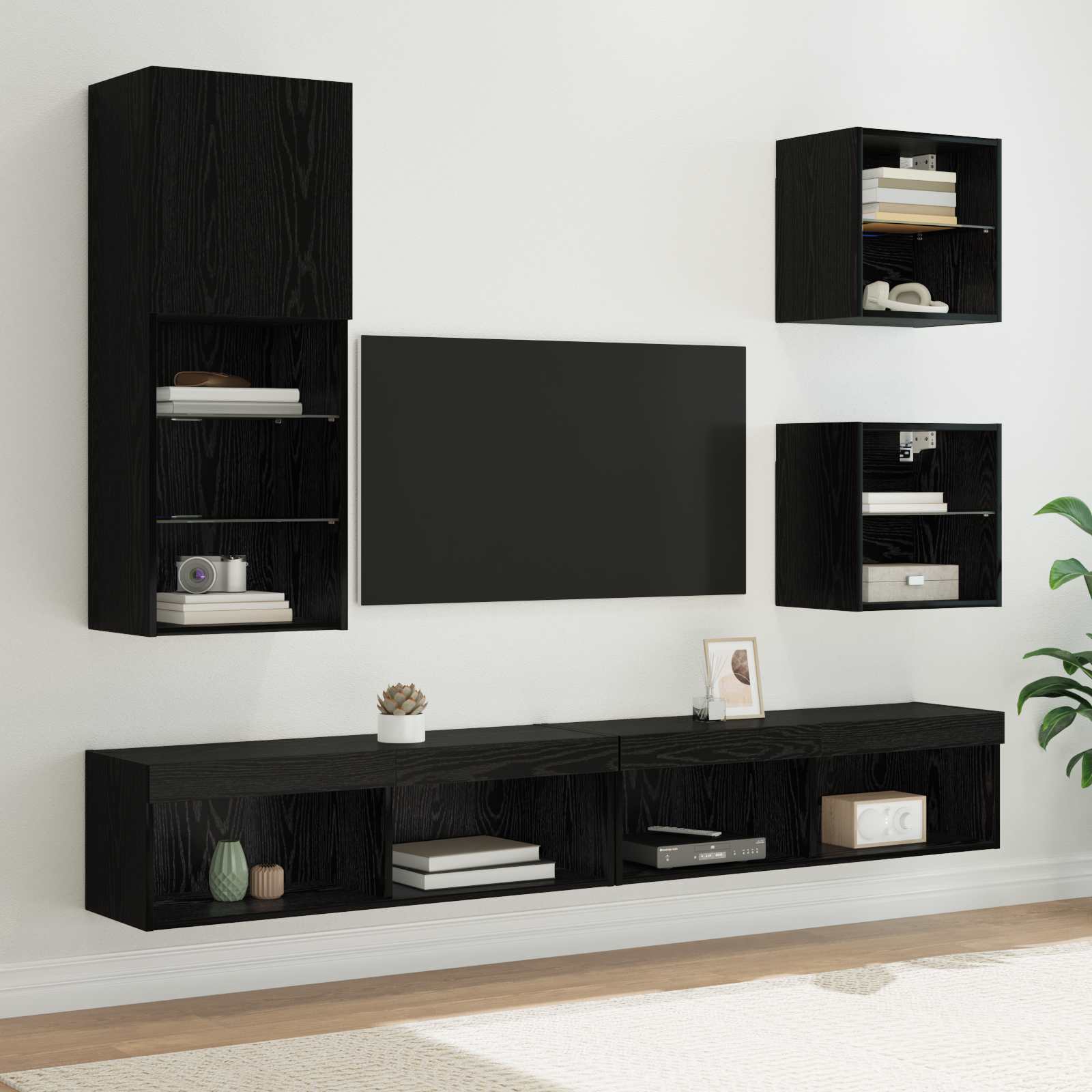 TV Wand Eenheden met LED 5 pcs Zwart Eiken Bewerkt hout is nu te koop bij PeponiXL, paradijselijk wonen!