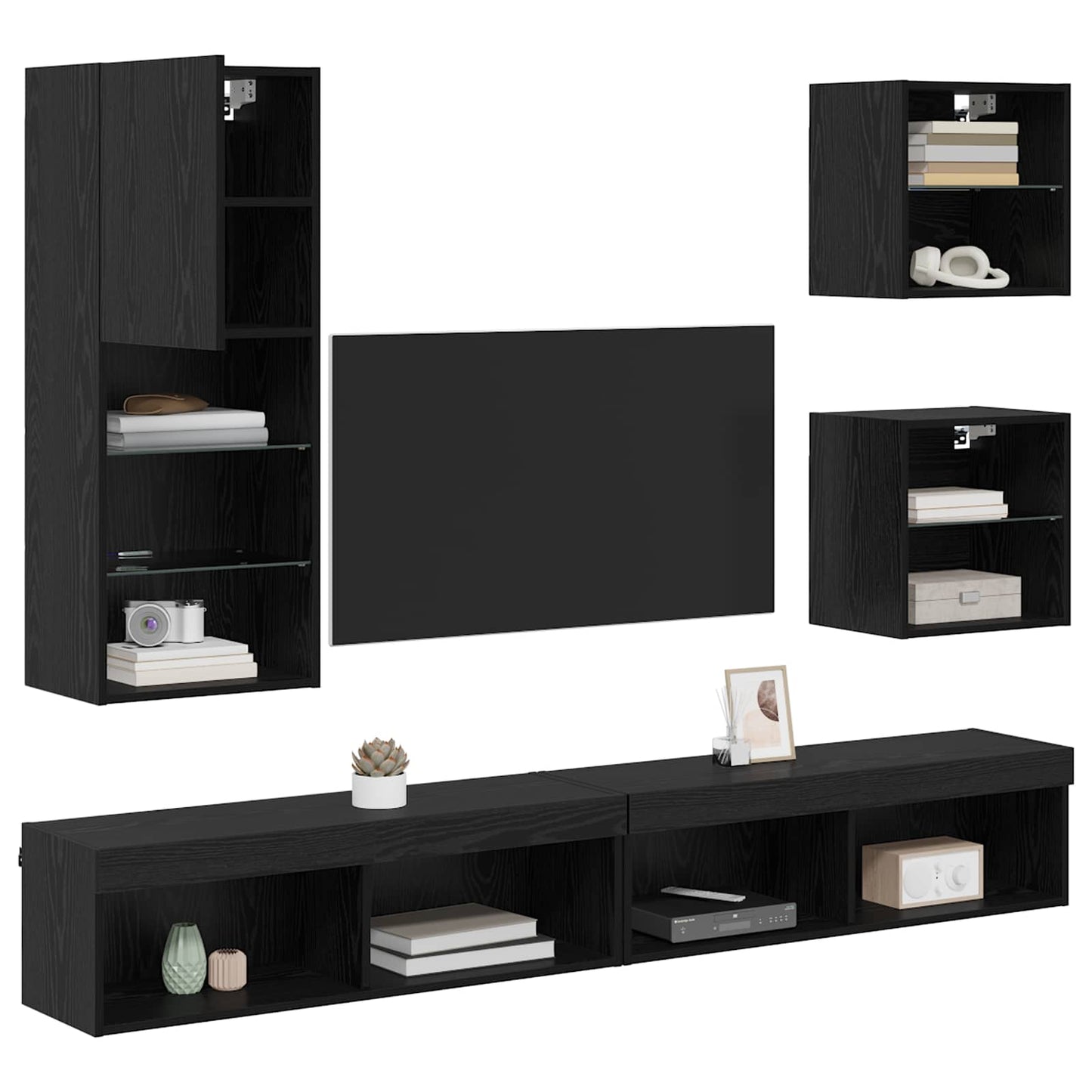 TV Wand Eenheden met LED 5 pcs Zwart Eiken Bewerkt hout is nu te koop bij PeponiXL, paradijselijk wonen!