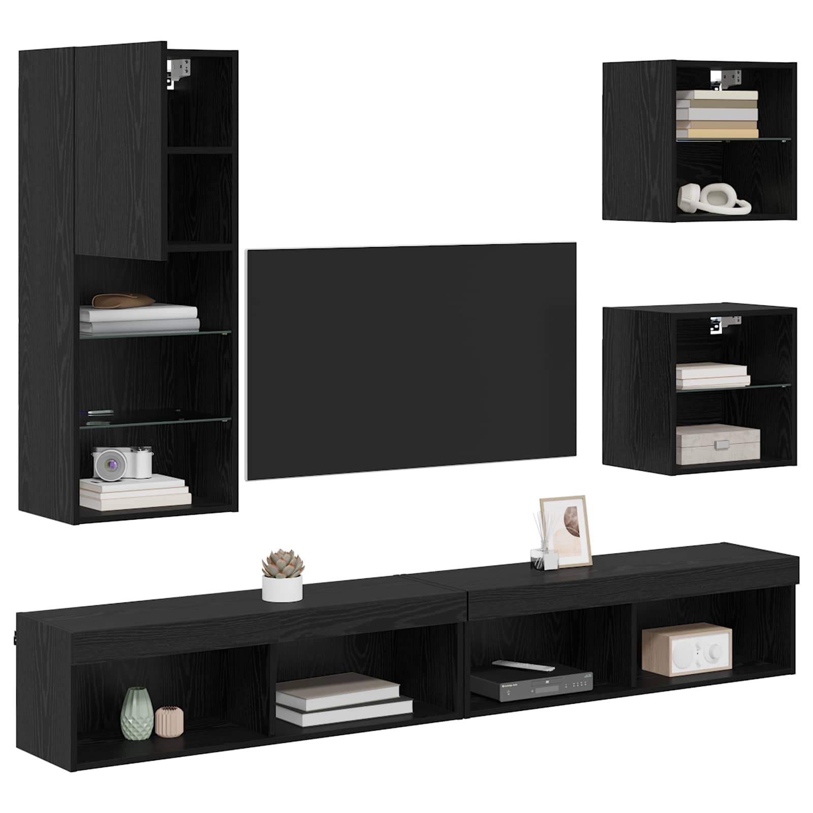 TV Wand Eenheden met LED 5 pcs Zwart Eiken Bewerkt hout is nu te koop bij PeponiXL, paradijselijk wonen!