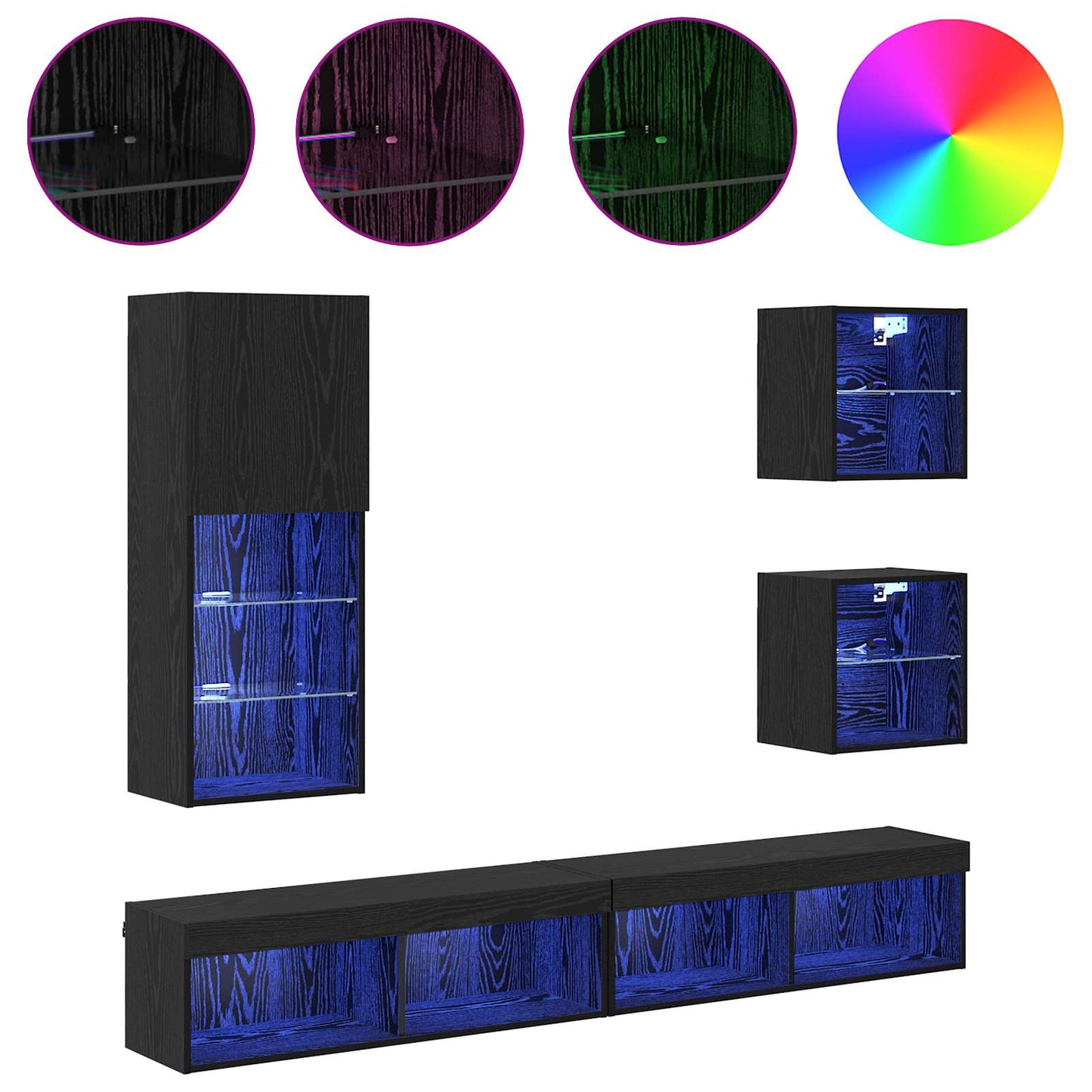TV Wand Eenheden met LED 5 pcs Zwart Eiken Bewerkt hout is nu te koop bij PeponiXL, paradijselijk wonen!