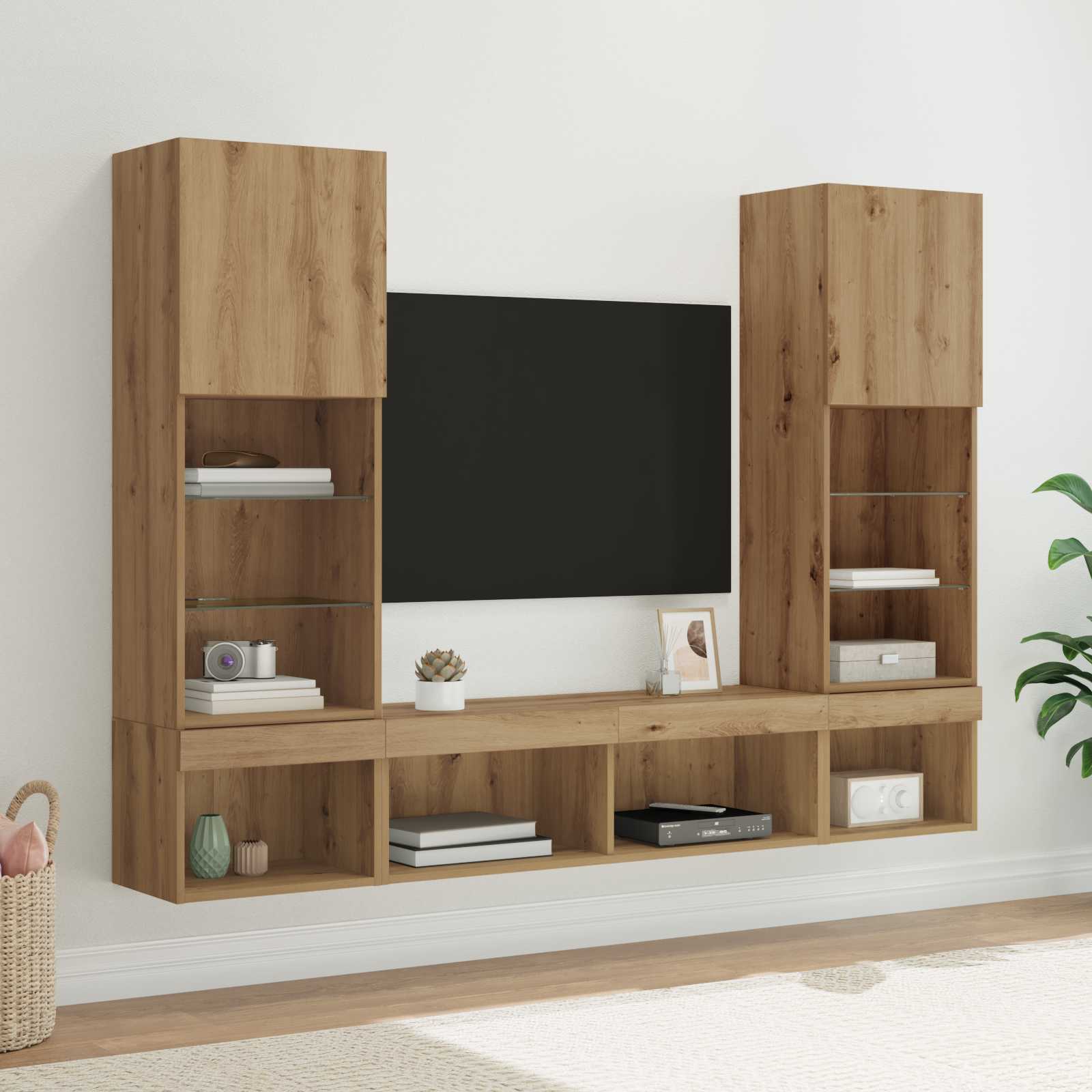 TV Wand Eenheden met LED 5 pcs Artisan Eiken Bewerkt hout is nu te koop bij PeponiXL, paradijselijk wonen!
