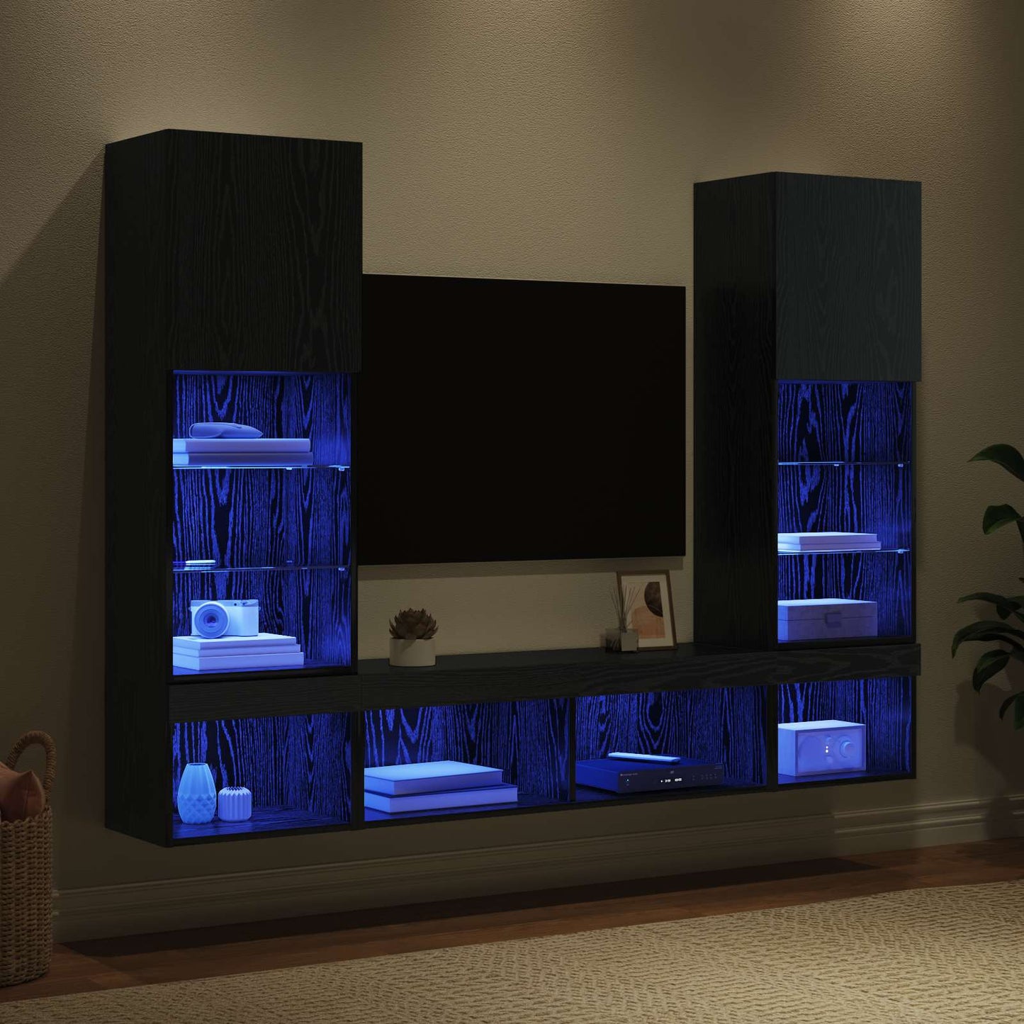 TV Wand Eenheden met LED met LED 5 pcs Zwart Eiken Bewerkt hout is nu te koop bij PeponiXL, paradijselijk wonen!
