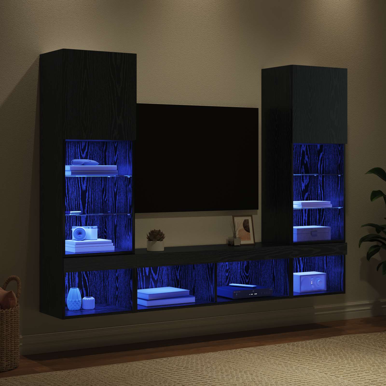 TV Wand Eenheden met LED met LED 5 pcs Zwart Eiken Bewerkt hout is nu te koop bij PeponiXL, paradijselijk wonen!