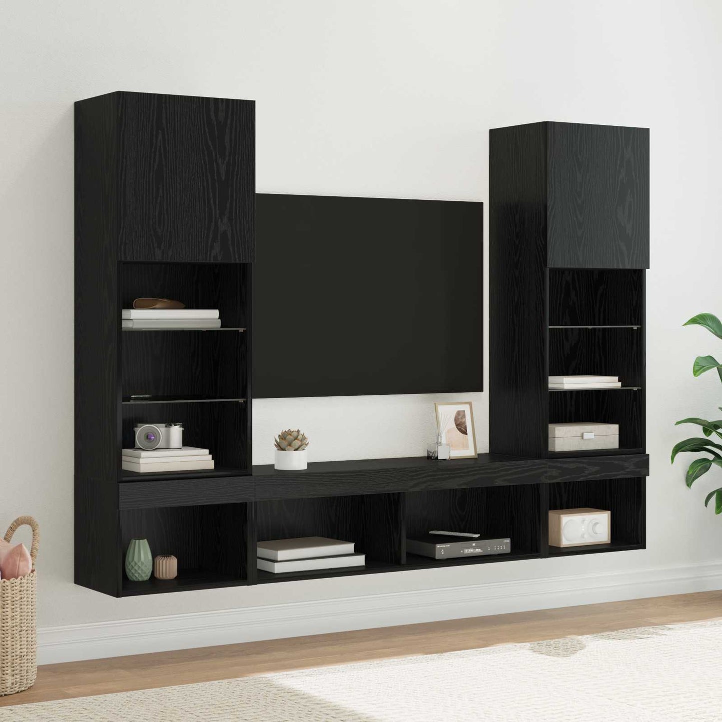 TV Wand Eenheden met LED met LED 5 pcs Zwart Eiken Bewerkt hout is nu te koop bij PeponiXL, paradijselijk wonen!
