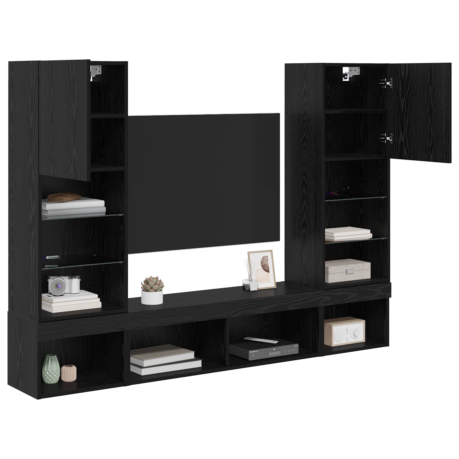 TV Wand Eenheden met LED met LED 5 pcs Zwart Eiken Bewerkt hout is nu te koop bij PeponiXL, paradijselijk wonen!