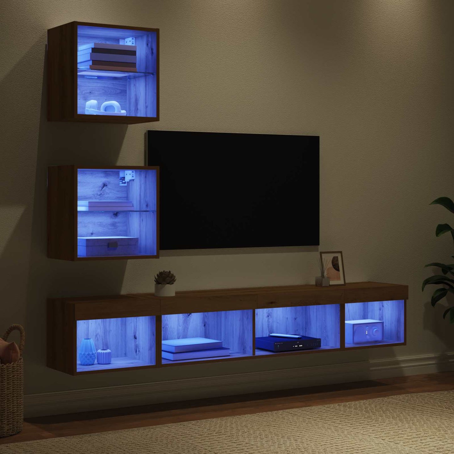 TV Wand Eenheden met LED 5 pcs Artisan Eiken Bewerkt hout is nu te koop bij PeponiXL, paradijselijk wonen!