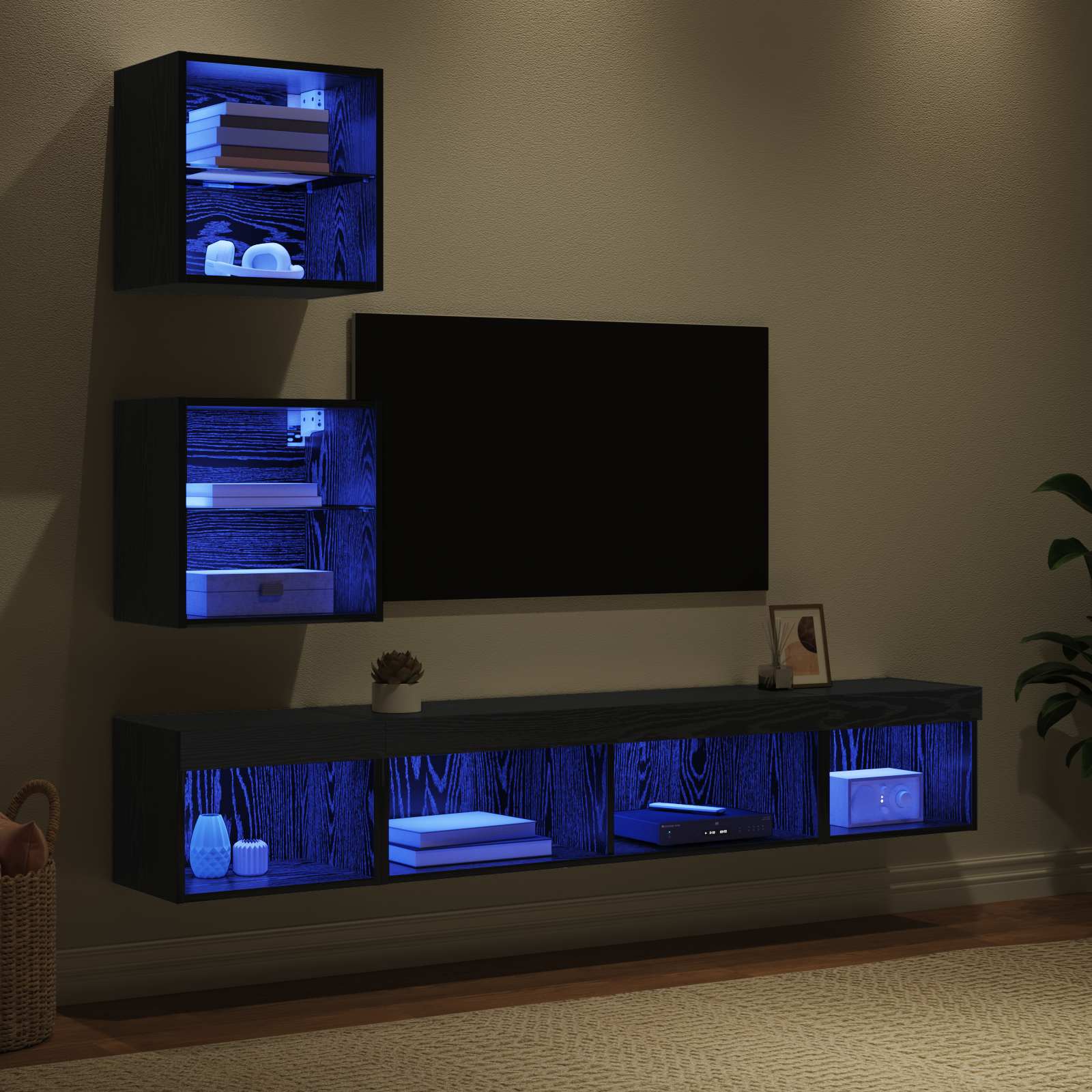 TV Wand Eenheden met LED met LED 5 pcs Zwart Eiken Bewerkt hout is nu te koop bij PeponiXL, paradijselijk wonen!