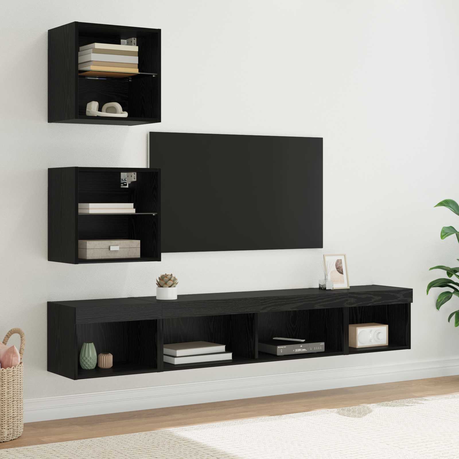 TV Wand Eenheden met LED met LED 5 pcs Zwart Eiken Bewerkt hout is nu te koop bij PeponiXL, paradijselijk wonen!