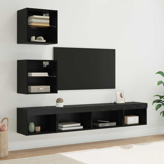 TV Wand Eenheden met LED met LED 5 pcs Zwart Eiken Bewerkt hout is nu te koop bij PeponiXL, paradijselijk wonen!