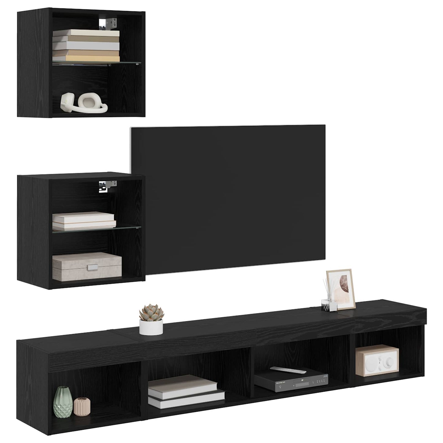 TV Wand Eenheden met LED met LED 5 pcs Zwart Eiken Bewerkt hout is nu te koop bij PeponiXL, paradijselijk wonen!