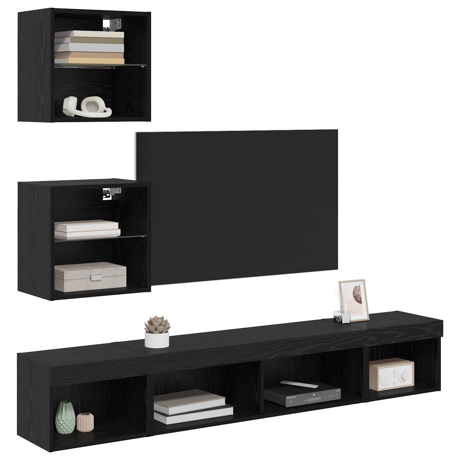 TV Wand Eenheden met LED met LED 5 pcs Zwart Eiken Bewerkt hout is nu te koop bij PeponiXL, paradijselijk wonen!