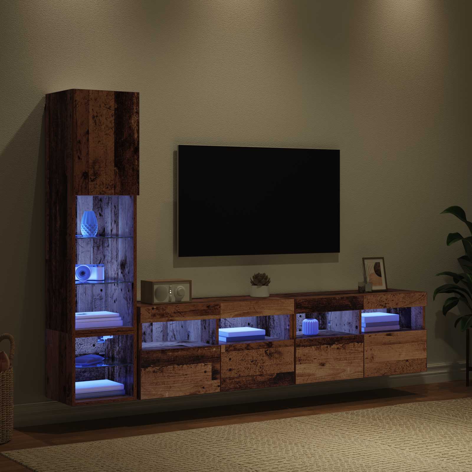 TV-wandmeubel met LED Wandgemonteerd 4 pcs Oudhout Bewerkt hout is nu te koop bij PeponiXL, paradijselijk wonen!
