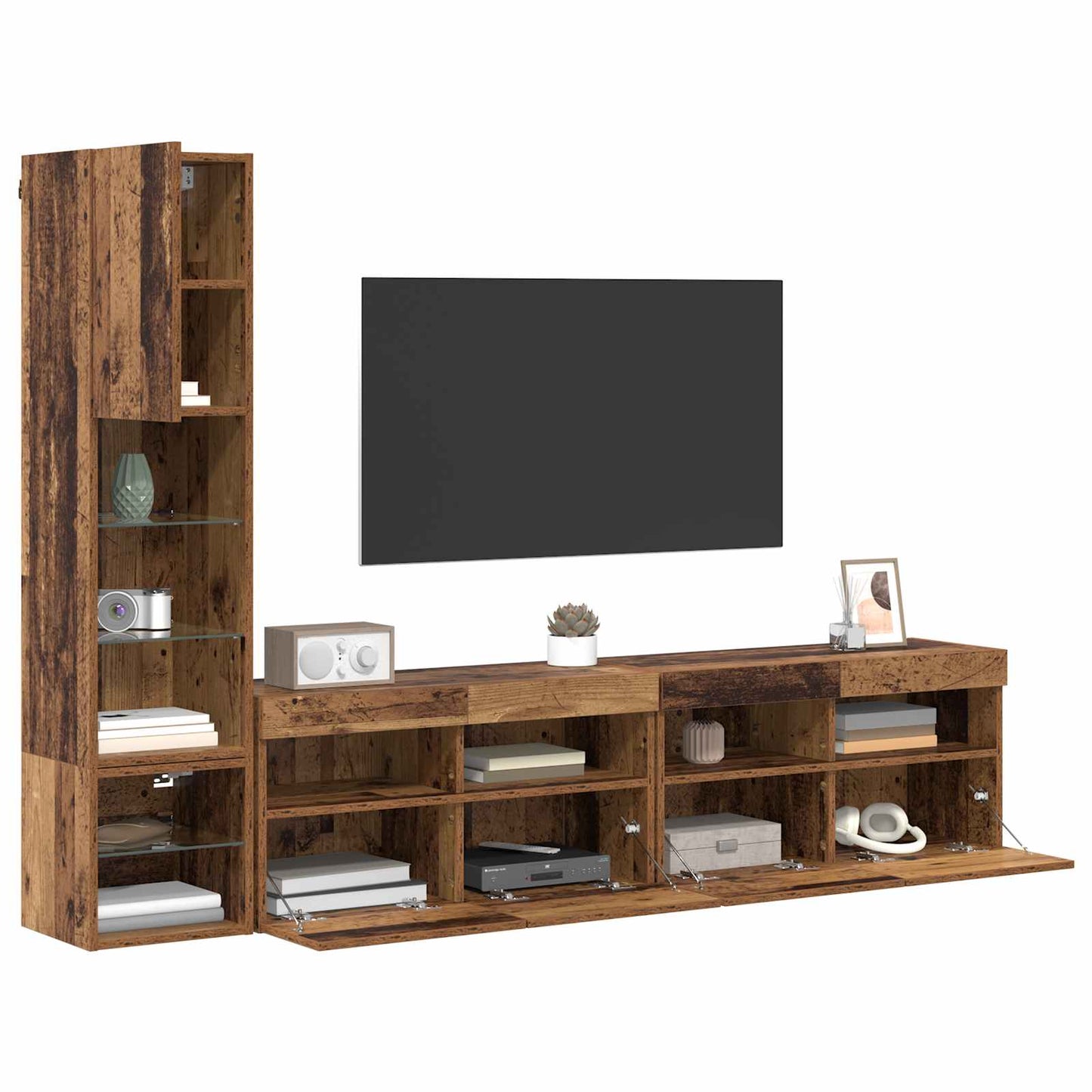 TV-wandmeubel met LED Wandgemonteerd 4 pcs Oudhout Bewerkt hout is nu te koop bij PeponiXL, paradijselijk wonen!