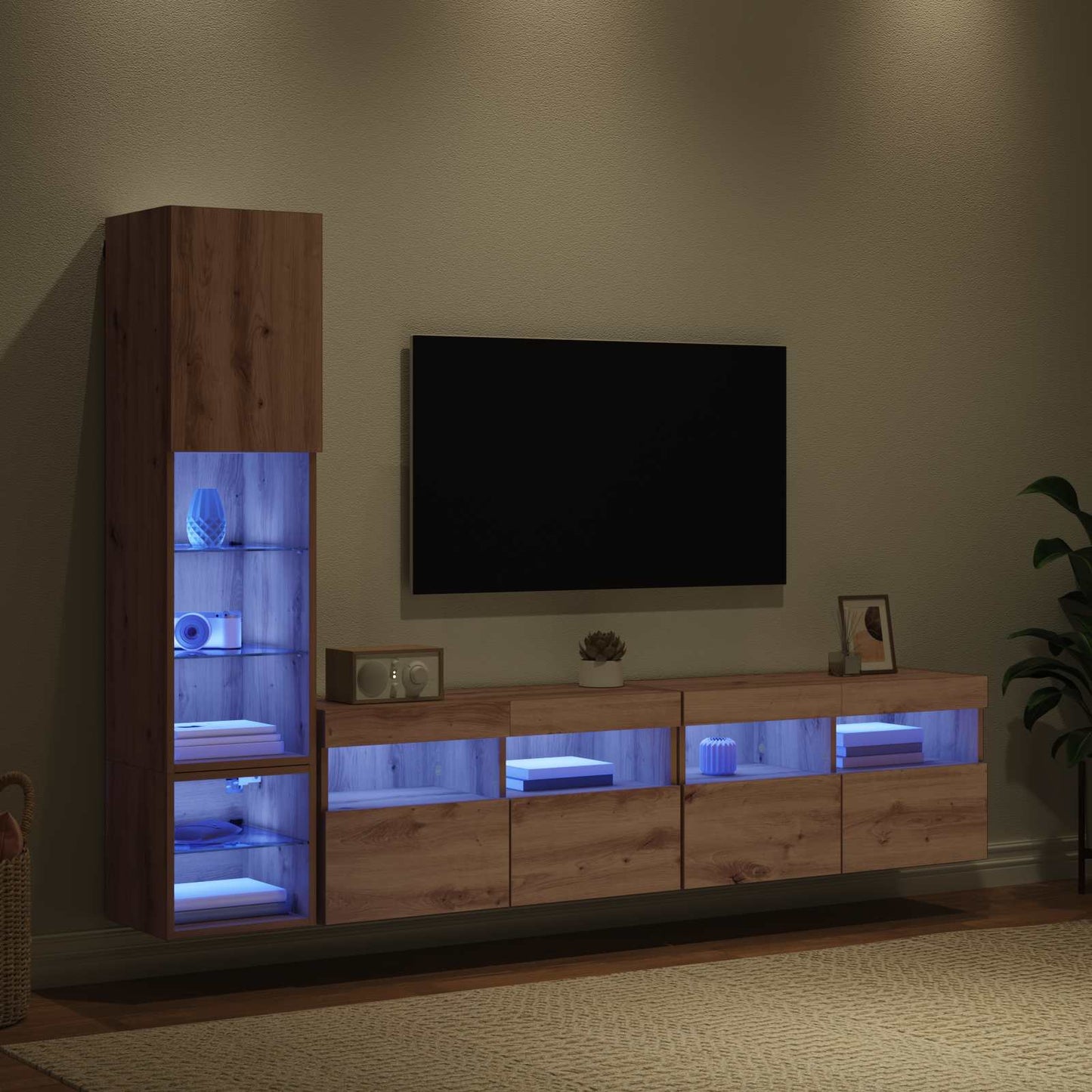 TV-wandmeubel met LED 4 pcs Artisan Eiken Bewerkt hout is nu te koop bij PeponiXL, paradijselijk wonen!