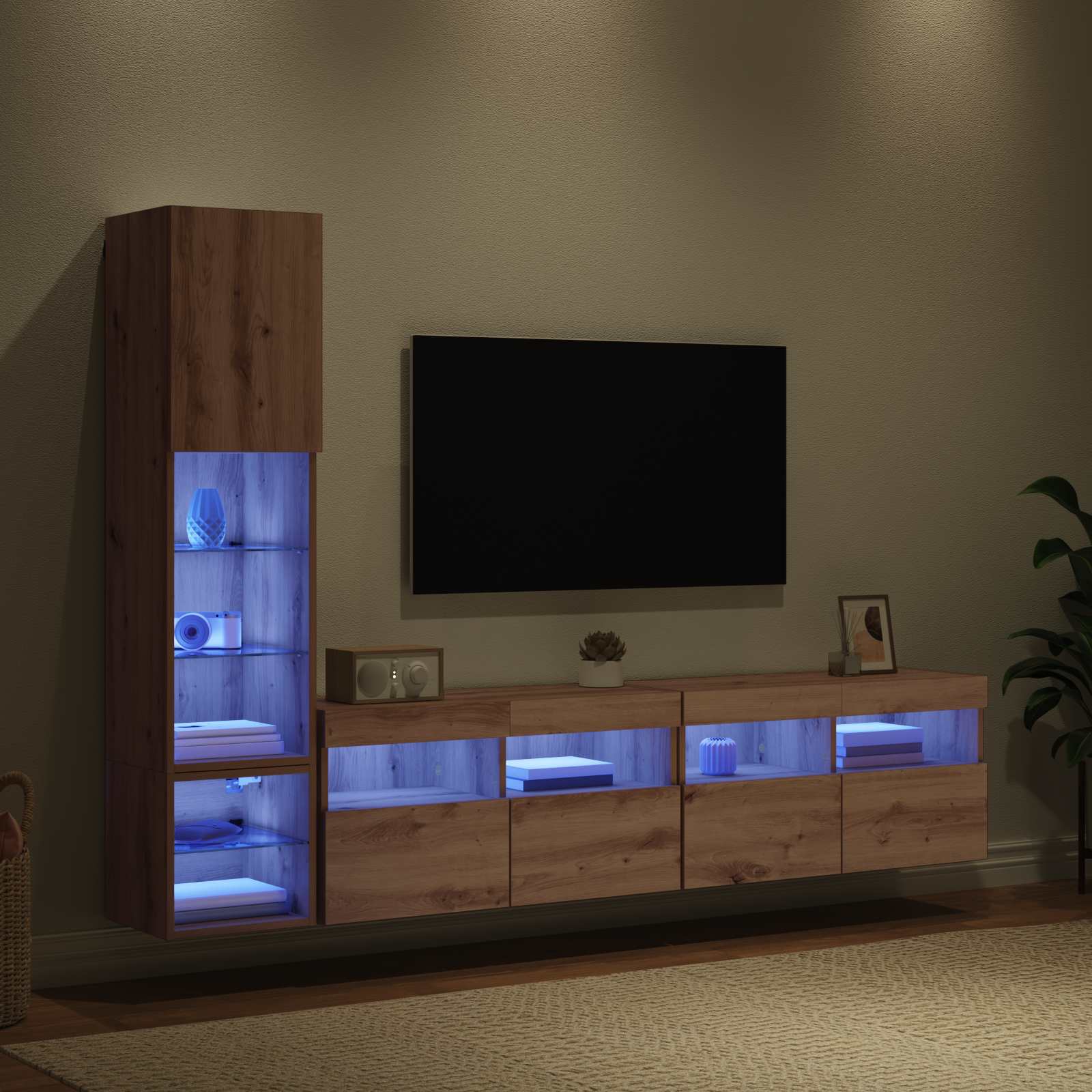TV-wandmeubel met LED 4 pcs Artisan Eiken Bewerkt hout is nu te koop bij PeponiXL, paradijselijk wonen!