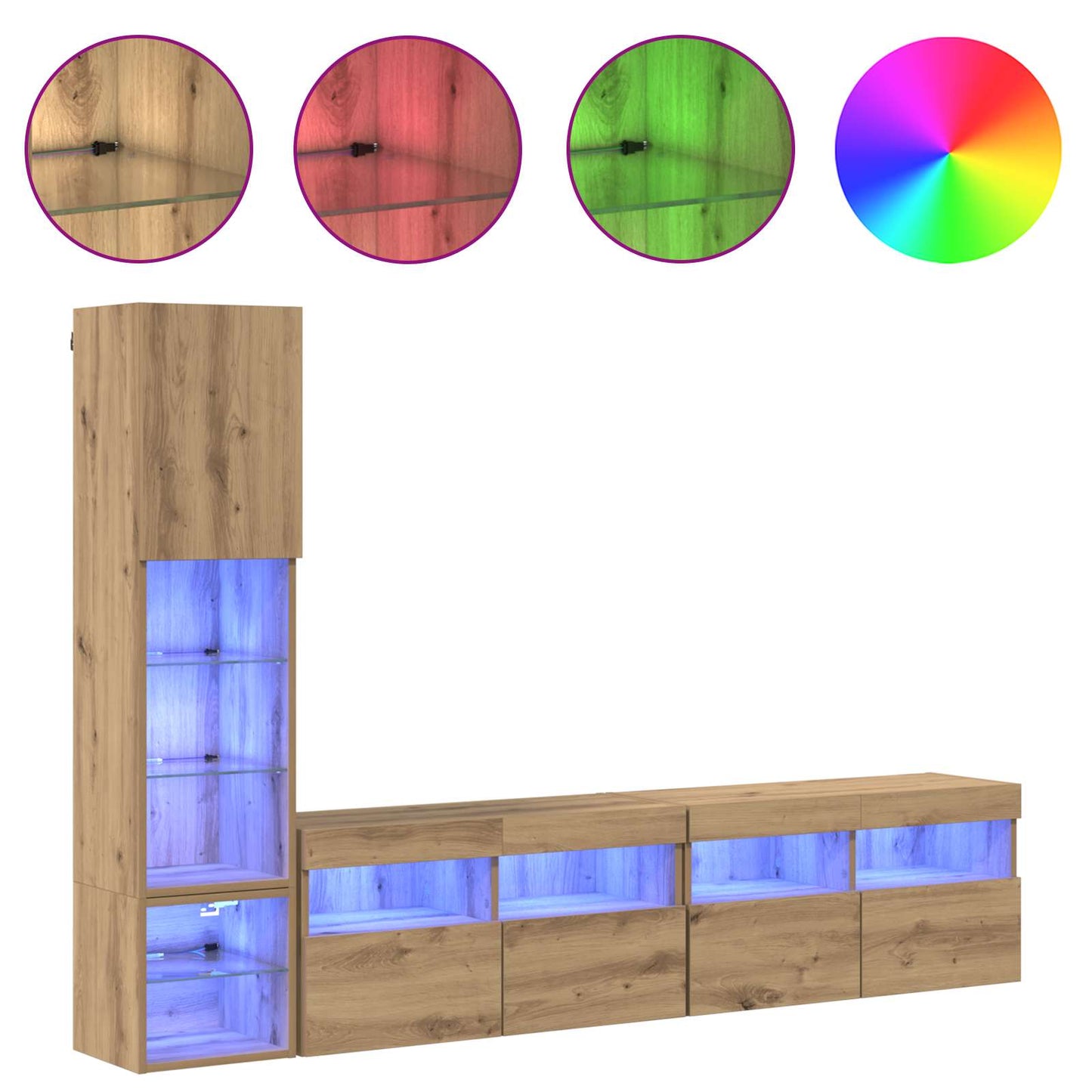 TV-wandmeubel met LED 4 pcs Artisan Eiken Bewerkt hout is nu te koop bij PeponiXL, paradijselijk wonen!