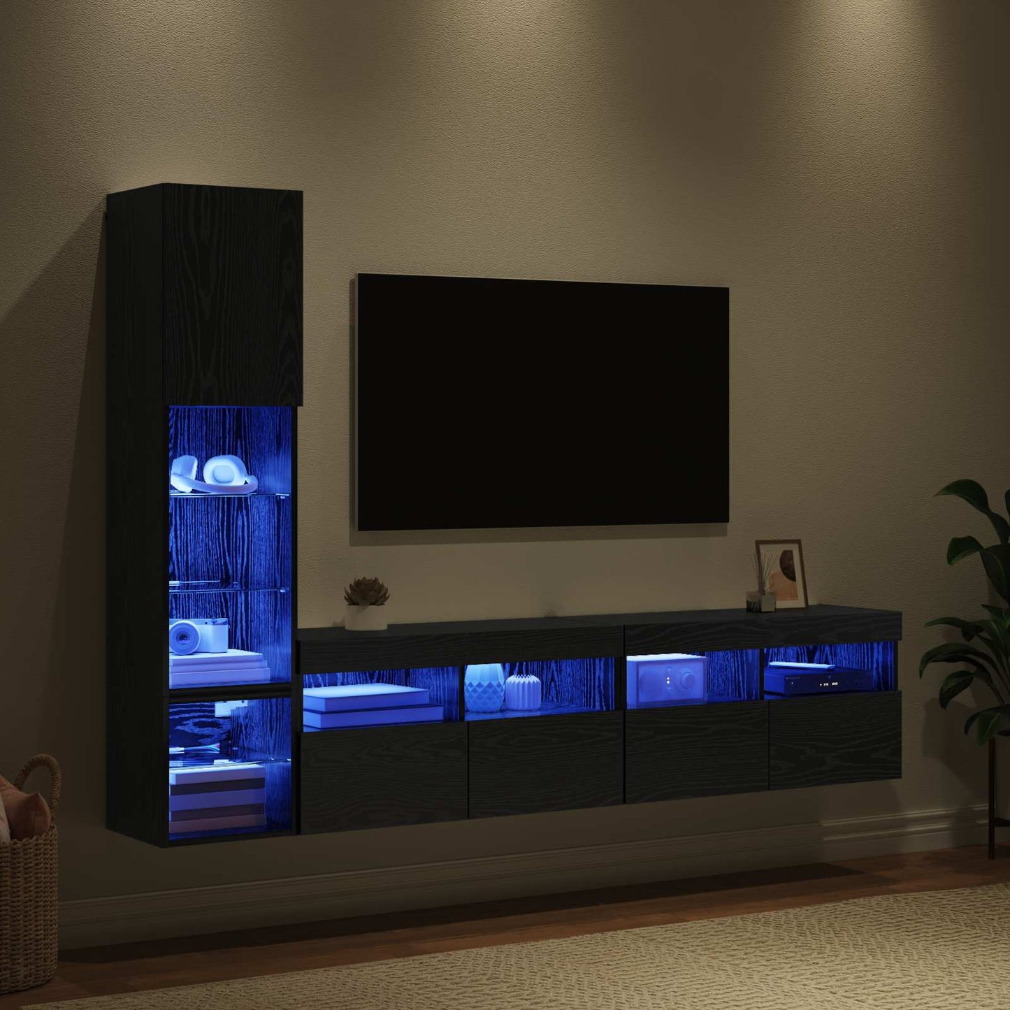 TV-wandmeubel met LED 4 pcs Zwart Eiken Bewerkt hout is nu te koop bij PeponiXL, paradijselijk wonen!