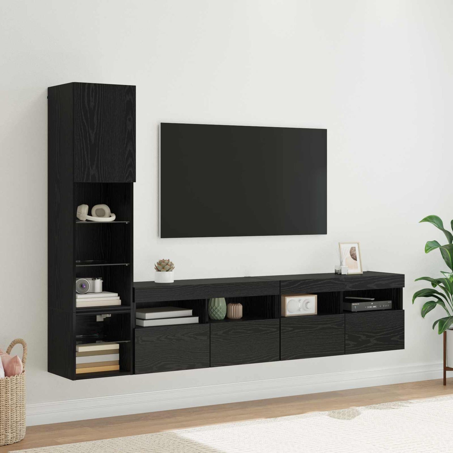 TV-wandmeubel met LED 4 pcs Zwart Eiken Bewerkt hout is nu te koop bij PeponiXL, paradijselijk wonen!