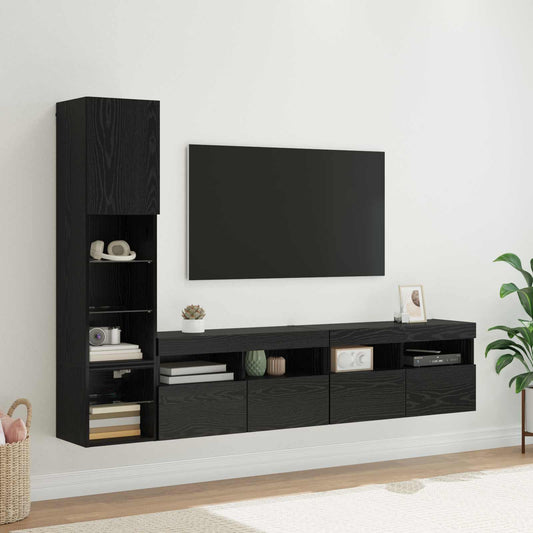 TV-wandmeubel met LED 4 pcs Zwart Eiken Bewerkt hout is nu te koop bij PeponiXL, paradijselijk wonen!