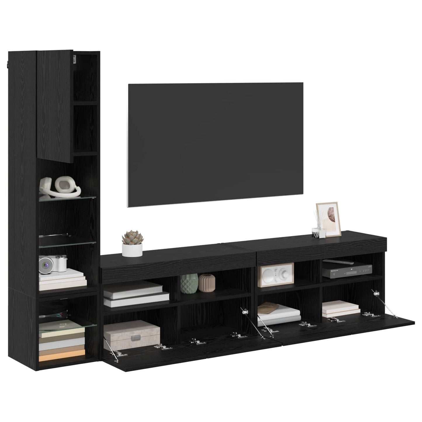 TV-wandmeubel met LED 4 pcs Zwart Eiken Bewerkt hout is nu te koop bij PeponiXL, paradijselijk wonen!