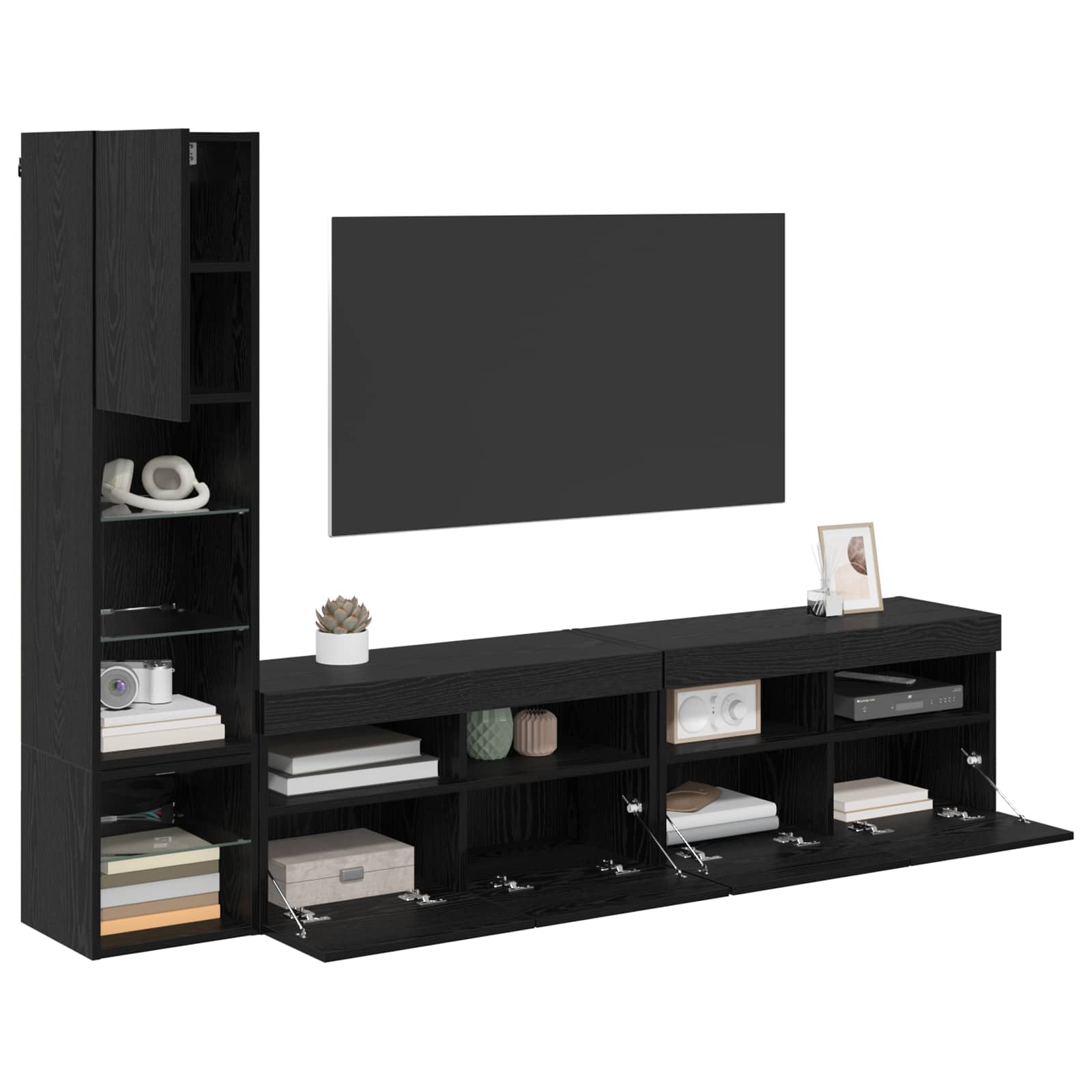 TV-wandmeubel met LED 4 pcs Zwart Eiken Bewerkt hout is nu te koop bij PeponiXL, paradijselijk wonen!
