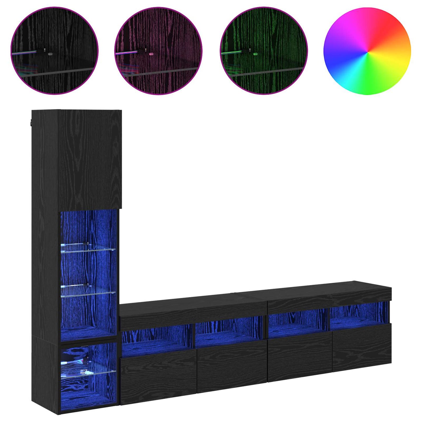TV-wandmeubel met LED 4 pcs Zwart Eiken Bewerkt hout is nu te koop bij PeponiXL, paradijselijk wonen!