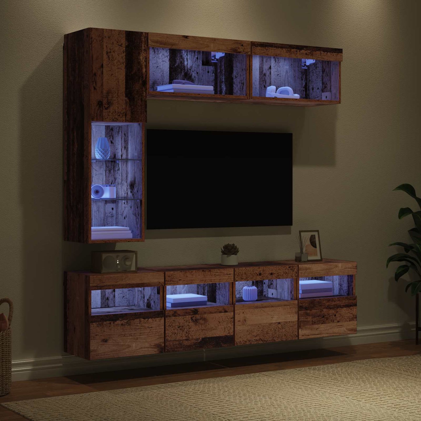 TV-kast met LED Wandgemonteerd 7 pcs Oudhout Bewerkt hout is nu te koop bij PeponiXL, paradijselijk wonen!