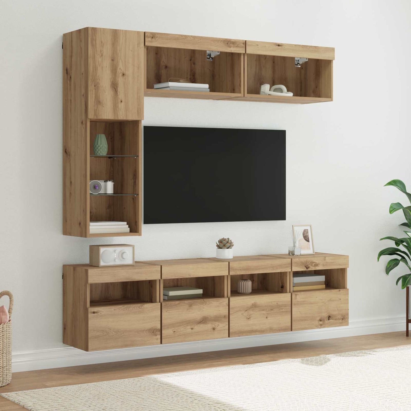 TV-kast met LED Wandgemonteerd 7 pcs Artisan Eiken Bewerkt hout is nu te koop bij PeponiXL, paradijselijk wonen!