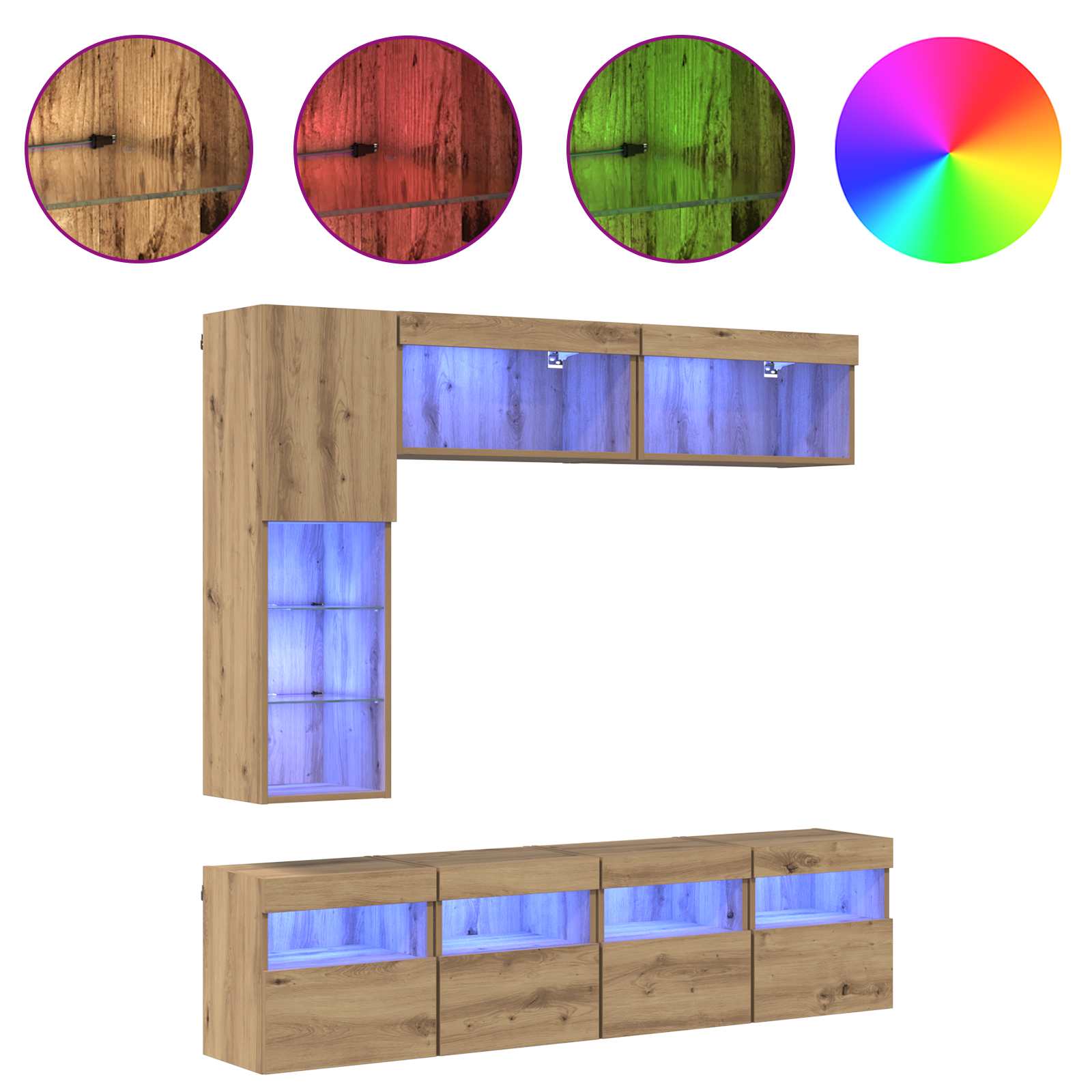 TV-kast met LED Wandgemonteerd 7 pcs Artisan Eiken Bewerkt hout is nu te koop bij PeponiXL, paradijselijk wonen!