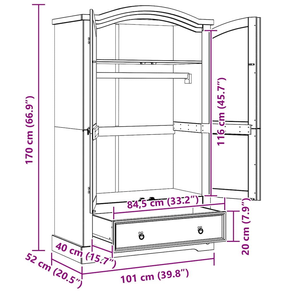 Kledingkast Corona Wit 101 x 52 x 170 cm Massief grenenhout is nu te koop bij PeponiXL, paradijselijk wonen!