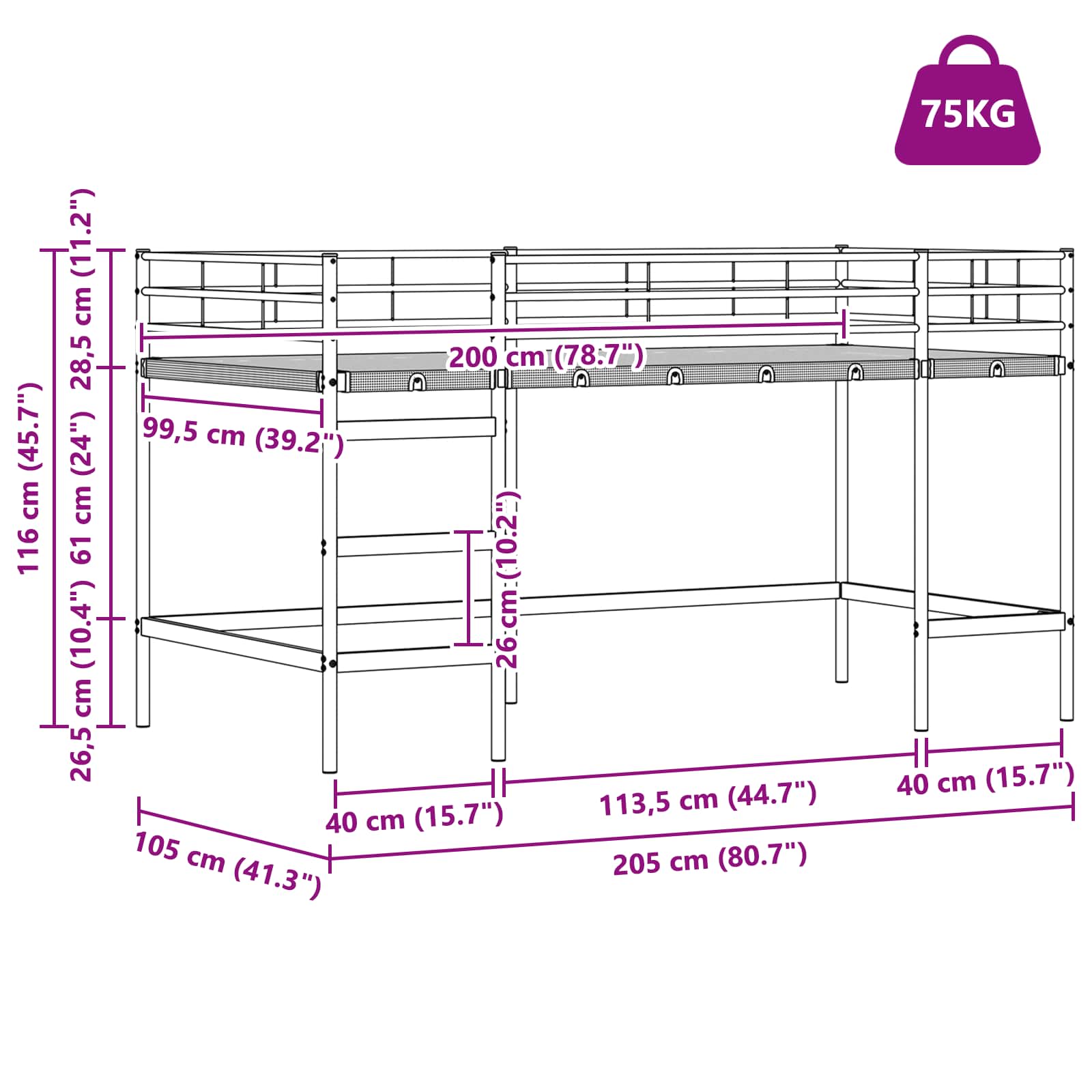 Loftbed voor Kids Zwart 99,5 x 200 cm Staal is nu te koop bij PeponiXL, paradijselijk wonen!