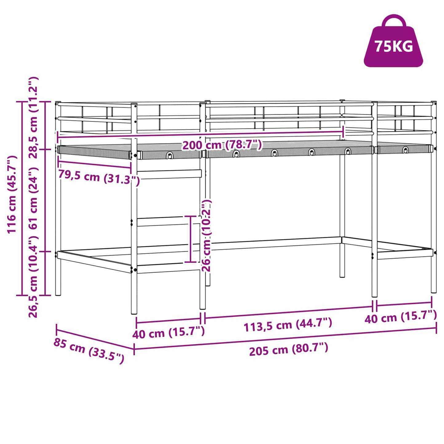 Loftbed voor Kids Wit 79,5 x 200 cm Staal is nu te koop bij PeponiXL, paradijselijk wonen!