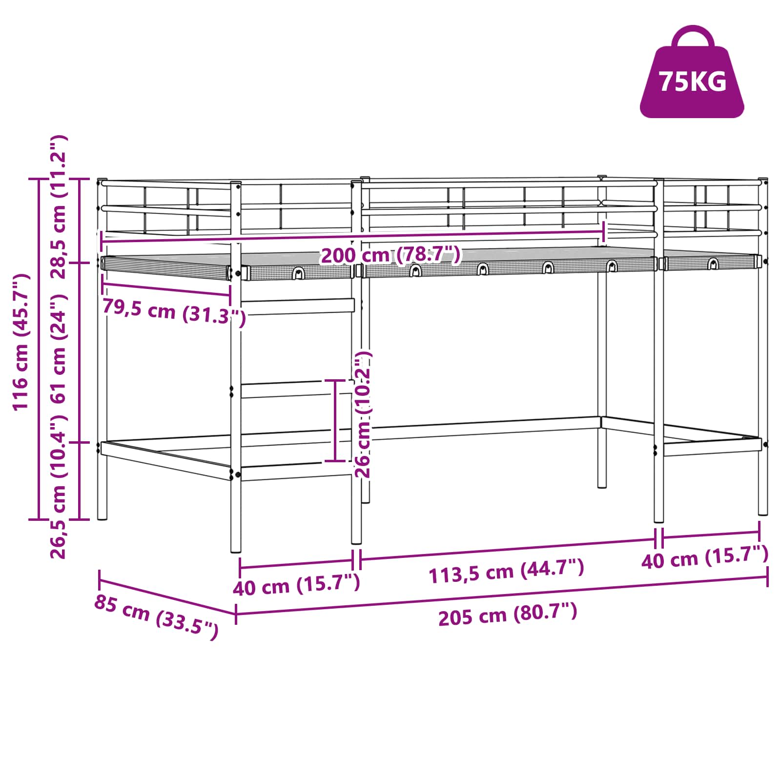 Loftbed voor Kids Wit 79,5 x 200 cm Staal is nu te koop bij PeponiXL, paradijselijk wonen!