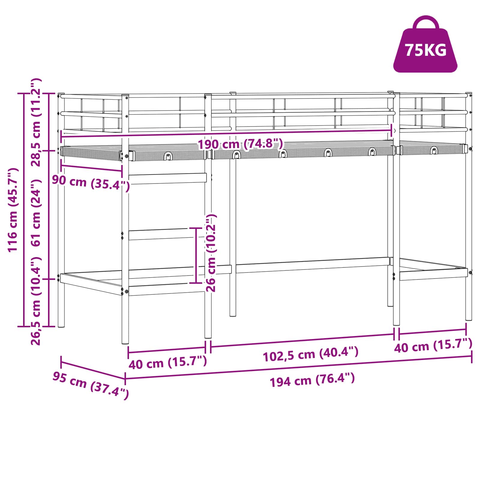 Loftbed voor Kids Wit 90 x 190 cm Staal is nu te koop bij PeponiXL, paradijselijk wonen!