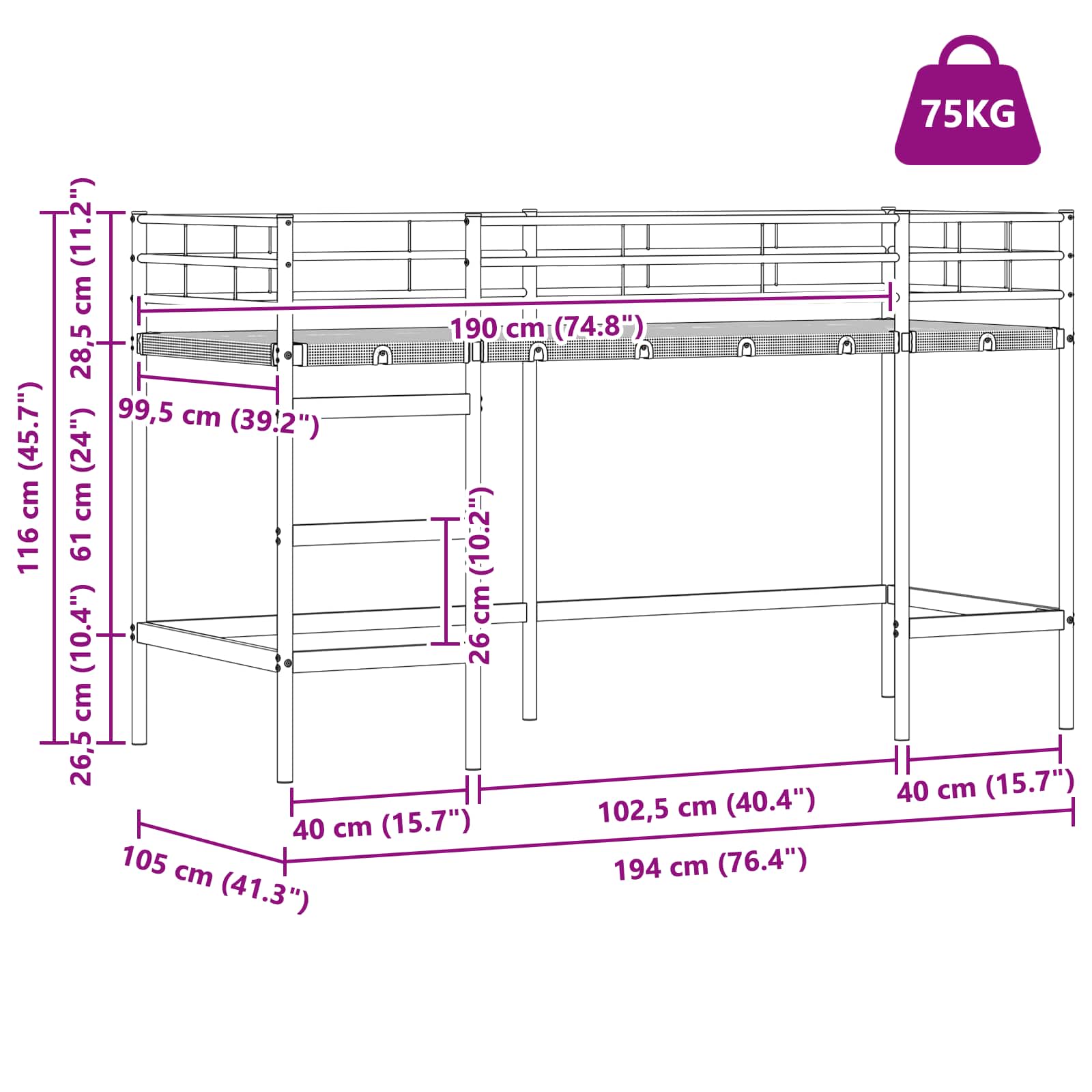 Loftbed voor Kids Wit 99,5 x 190 cm Staal is nu te koop bij PeponiXL, paradijselijk wonen!