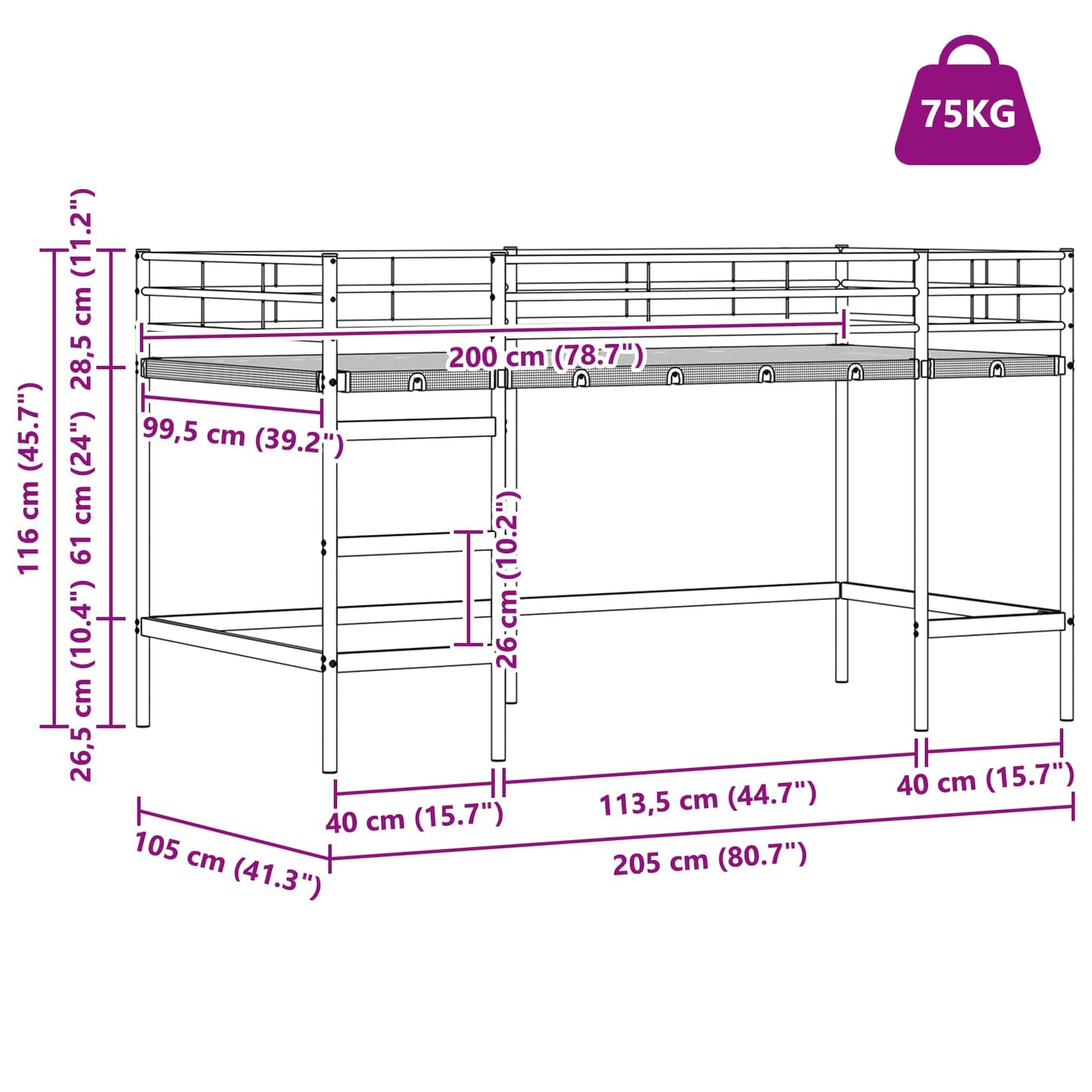 Loftbed voor Kids Wit 100 x 200 cm Staal is nu te koop bij PeponiXL, paradijselijk wonen!